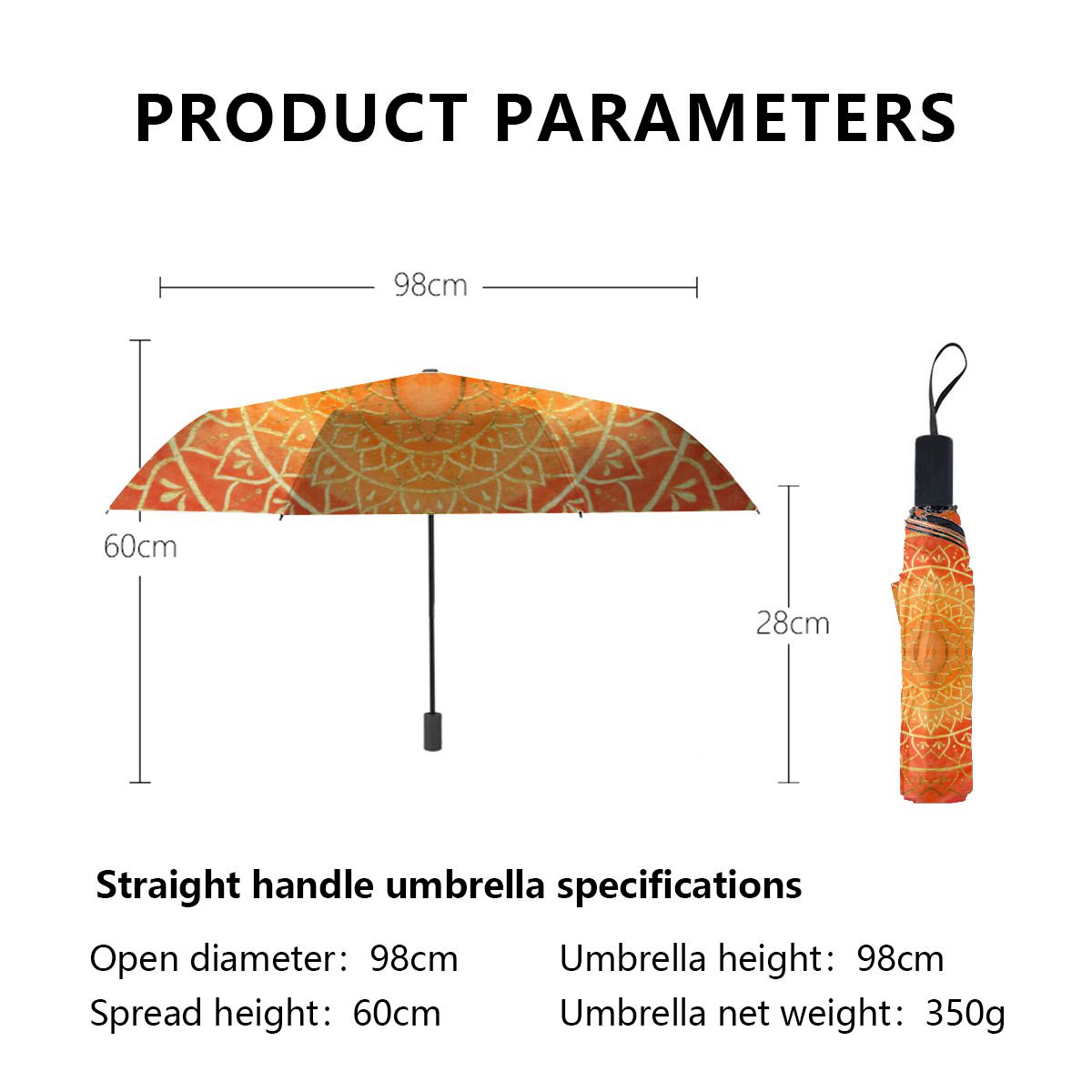Mandala Red Orange Gold Christmas Brushed Polyester Umbrella No.CZ6898