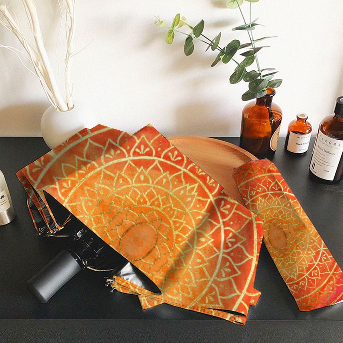 Mandala Red Orange Gold Christmas Brushed Polyester Umbrella No.CZ6898