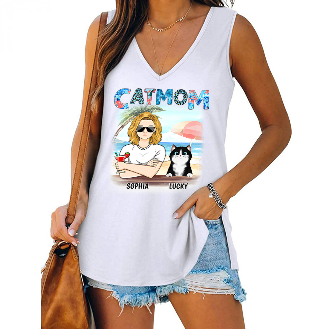 Cat Mom Summer Pattern Personalized Women Tank Top V Neck Casual Flowy Sleeveless