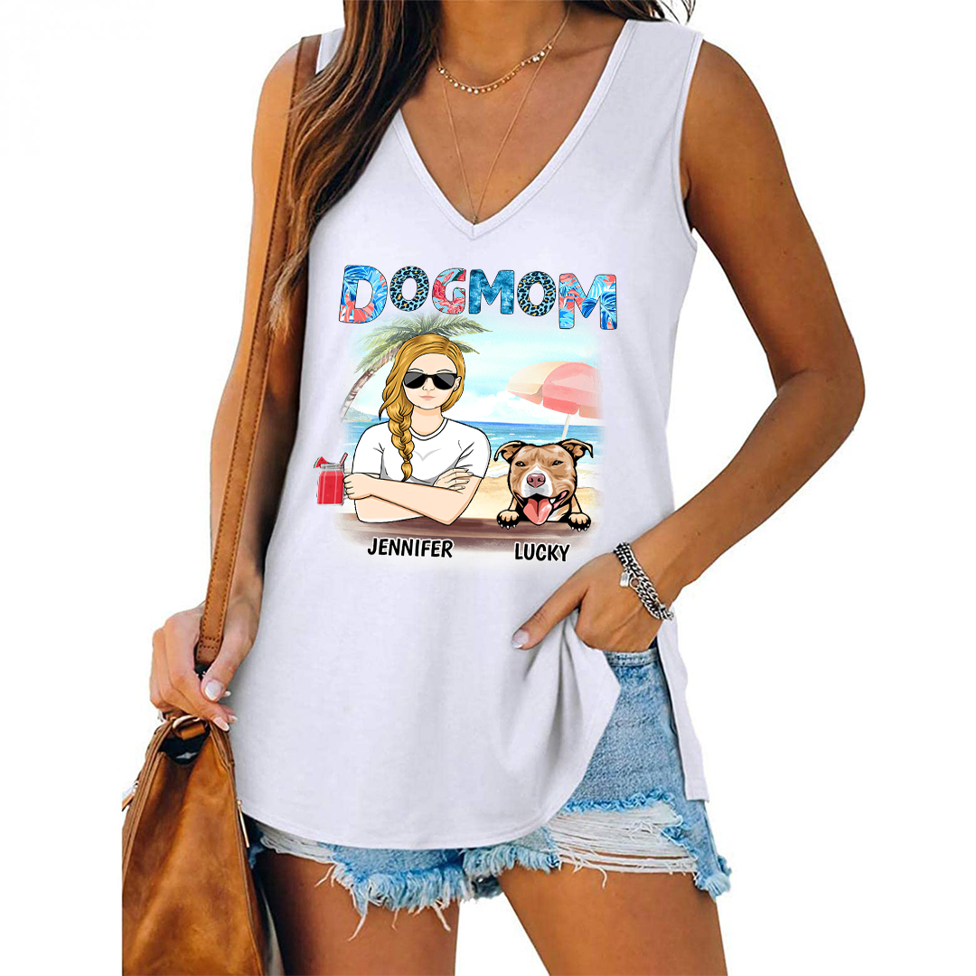Dog Mom Summer Pattern Personalized Women Tank Top V Neck Casual Flowy Sleeveless