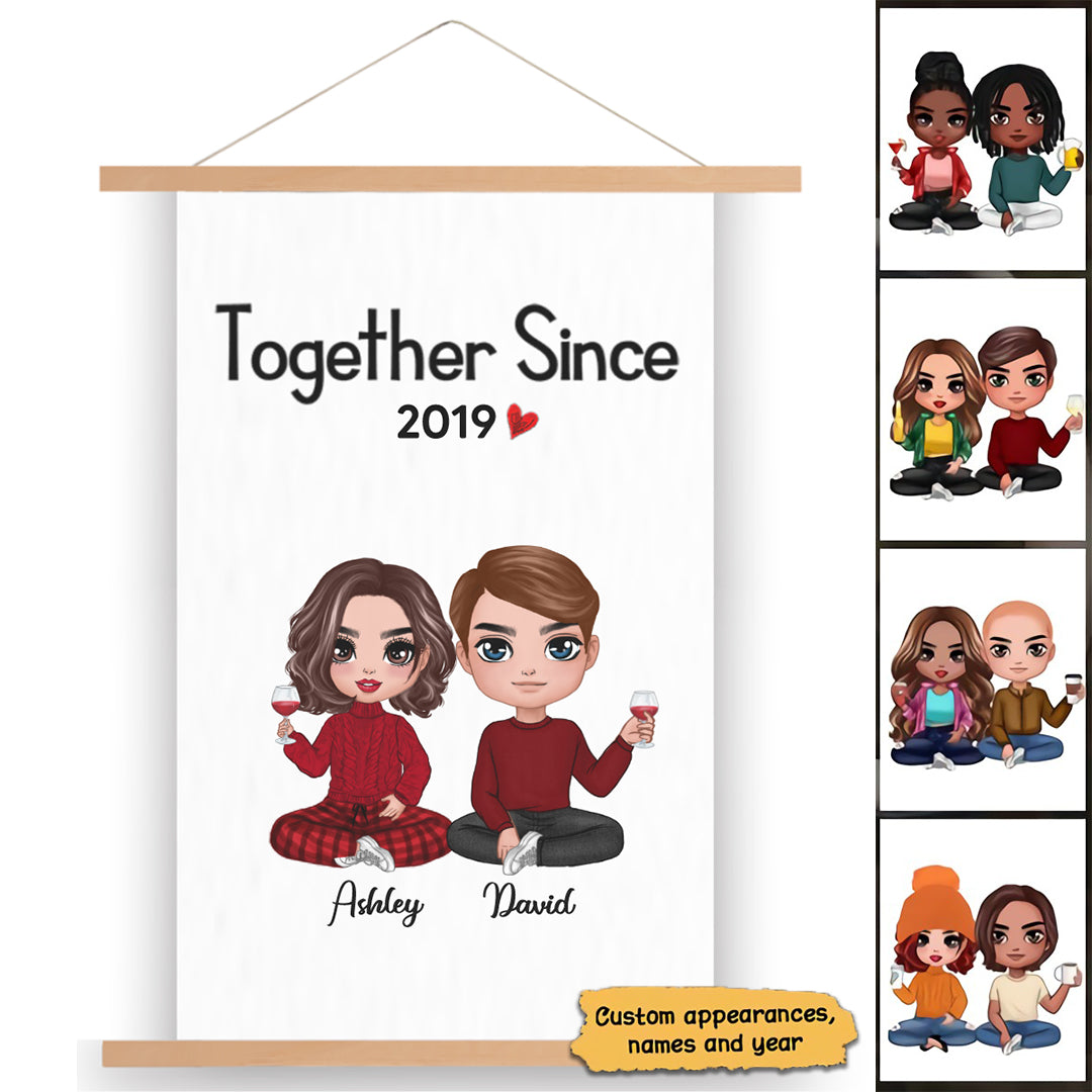 Doll Couple Sitting Valentine's Day Gift For Him For Her Personalized Wall Scroll Painting  With Wooden Poster Hanger