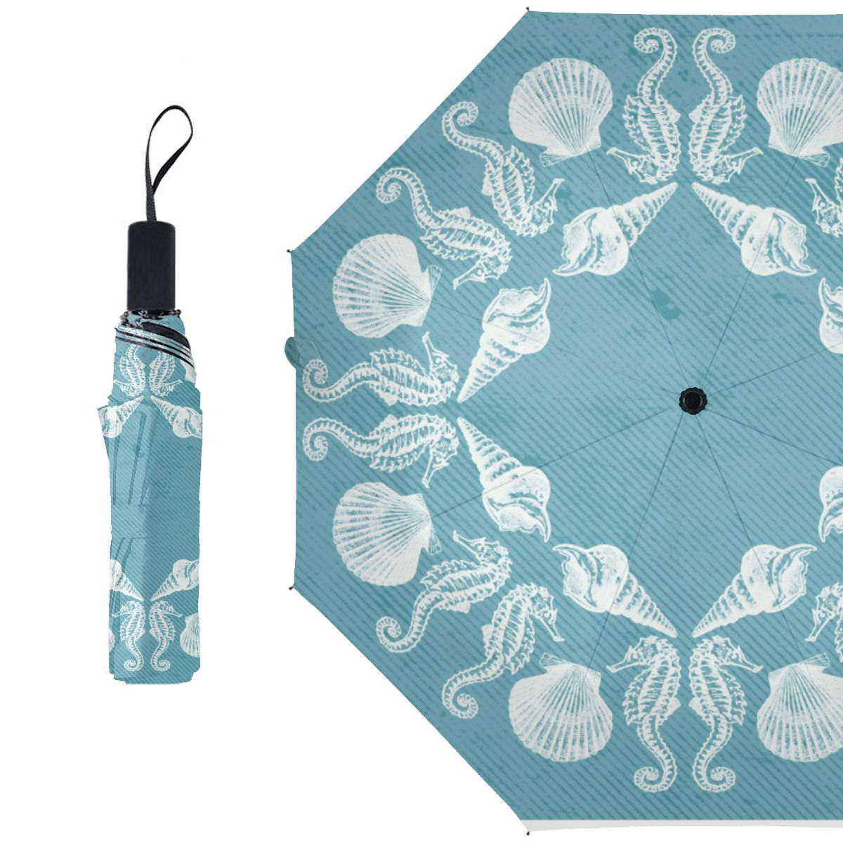 Vintage Beach Cottage Seashells White Blue Brushed Polyester Umbrella No.ETD4HM