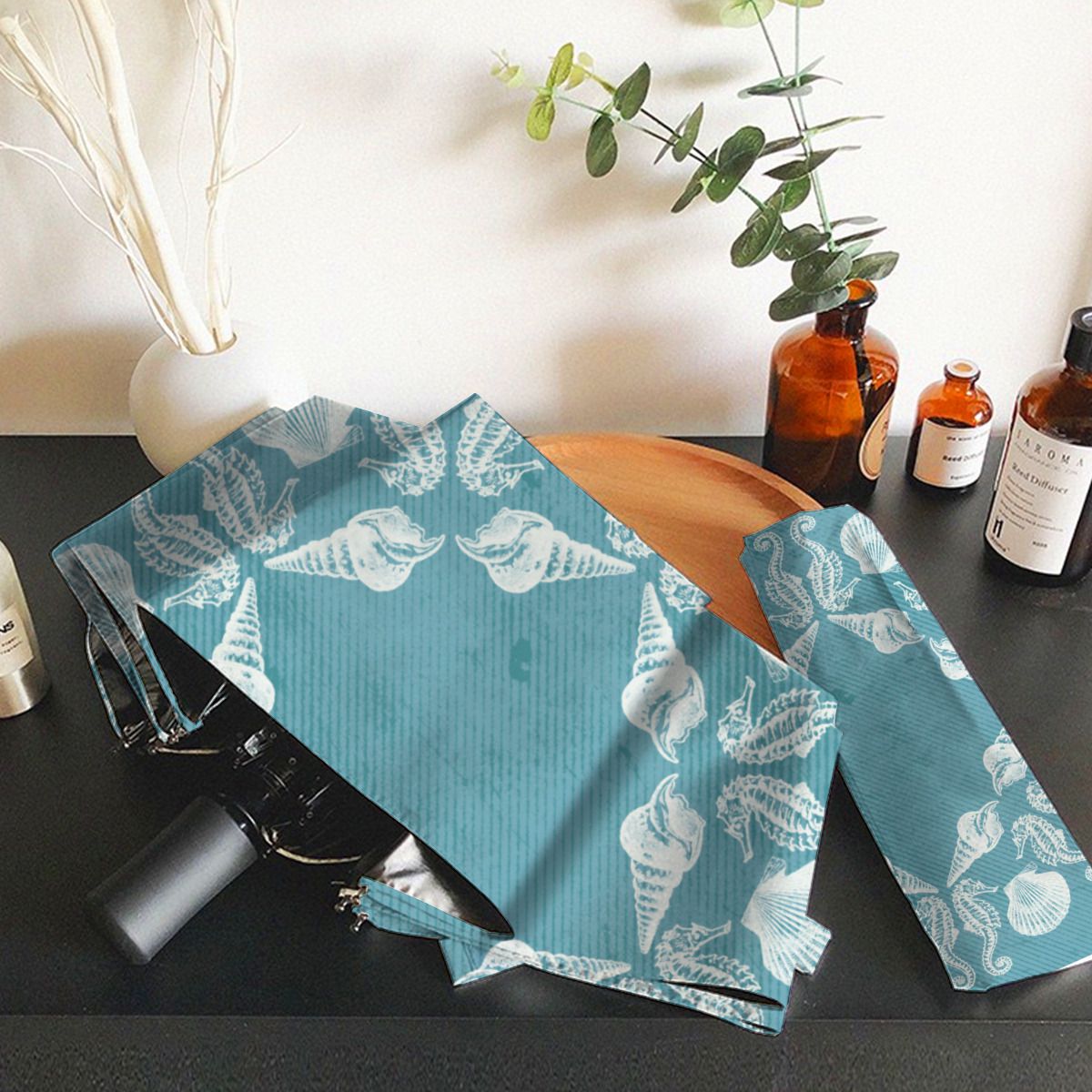 Vintage Beach Cottage Seashells White Blue Brushed Polyester Umbrella No.ETD4HM