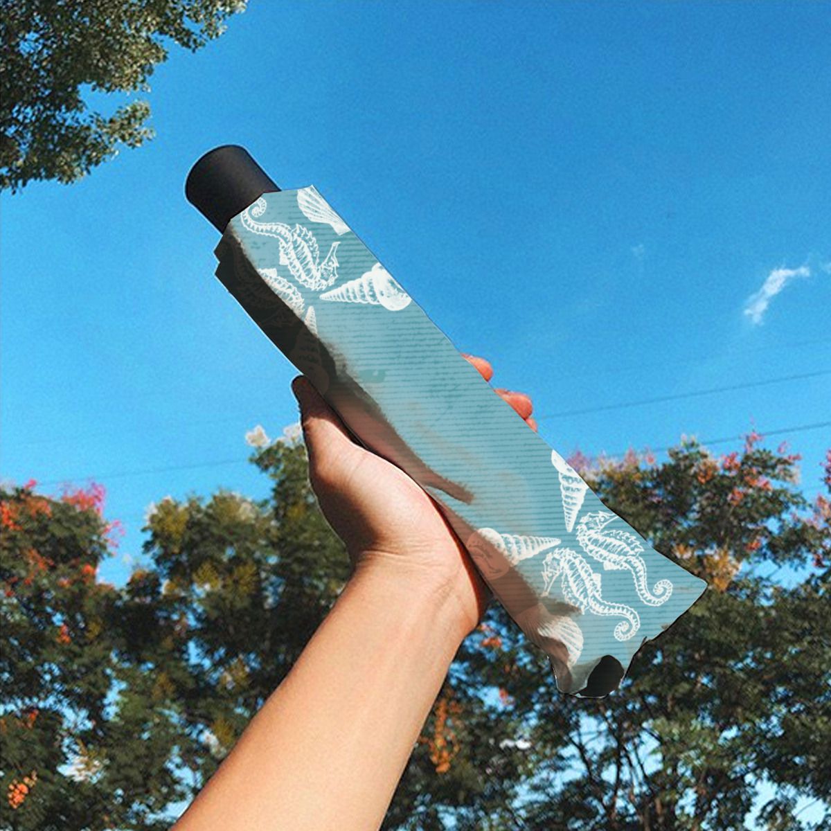 Vintage Beach Cottage Seashells White Blue Brushed Polyester Umbrella No.ETD4HM