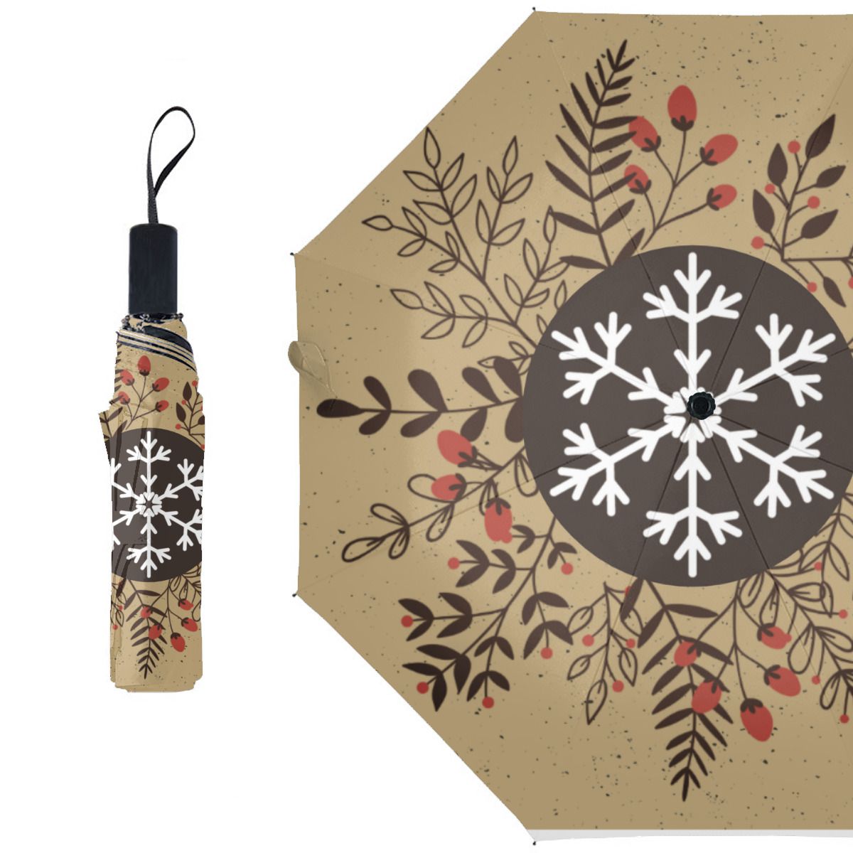 Rustic Christmas Floral Snowflake Holiday Brushed Polyester Umbrella No.FCTH4J