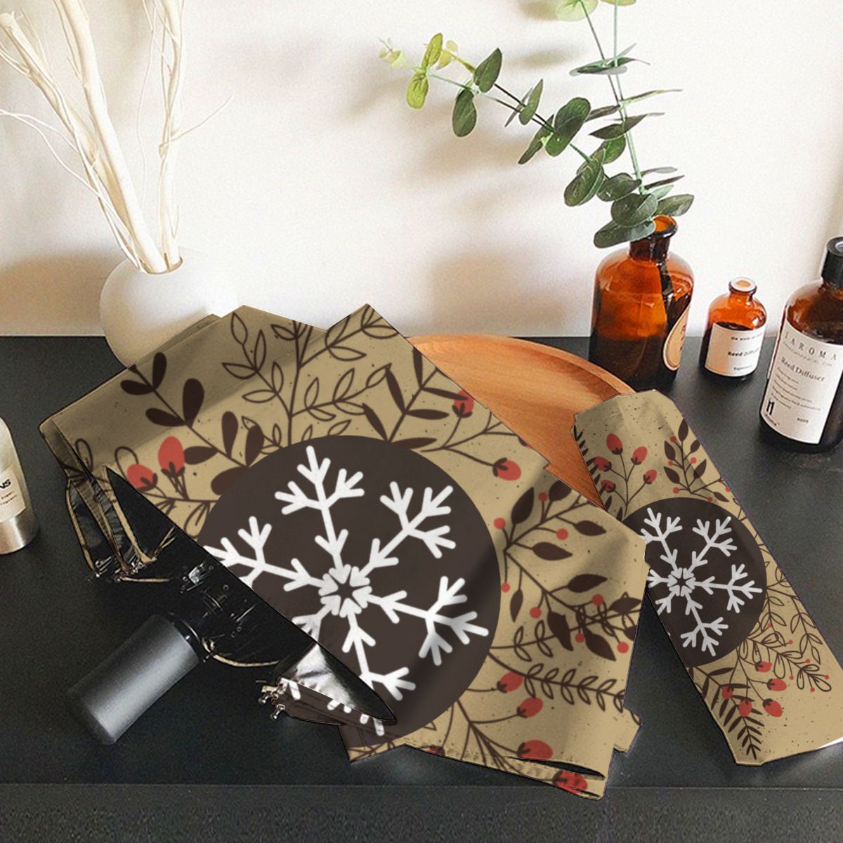 Rustic Christmas Floral Snowflake Holiday Brushed Polyester Umbrella No.FCTH4J