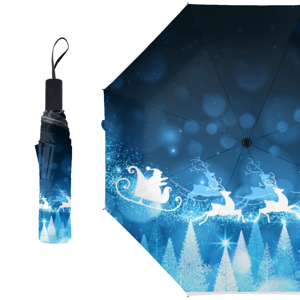 Christmas Holiday Blue Santa And Sleigh Brushed Polyester Umbrella No.N29K2O