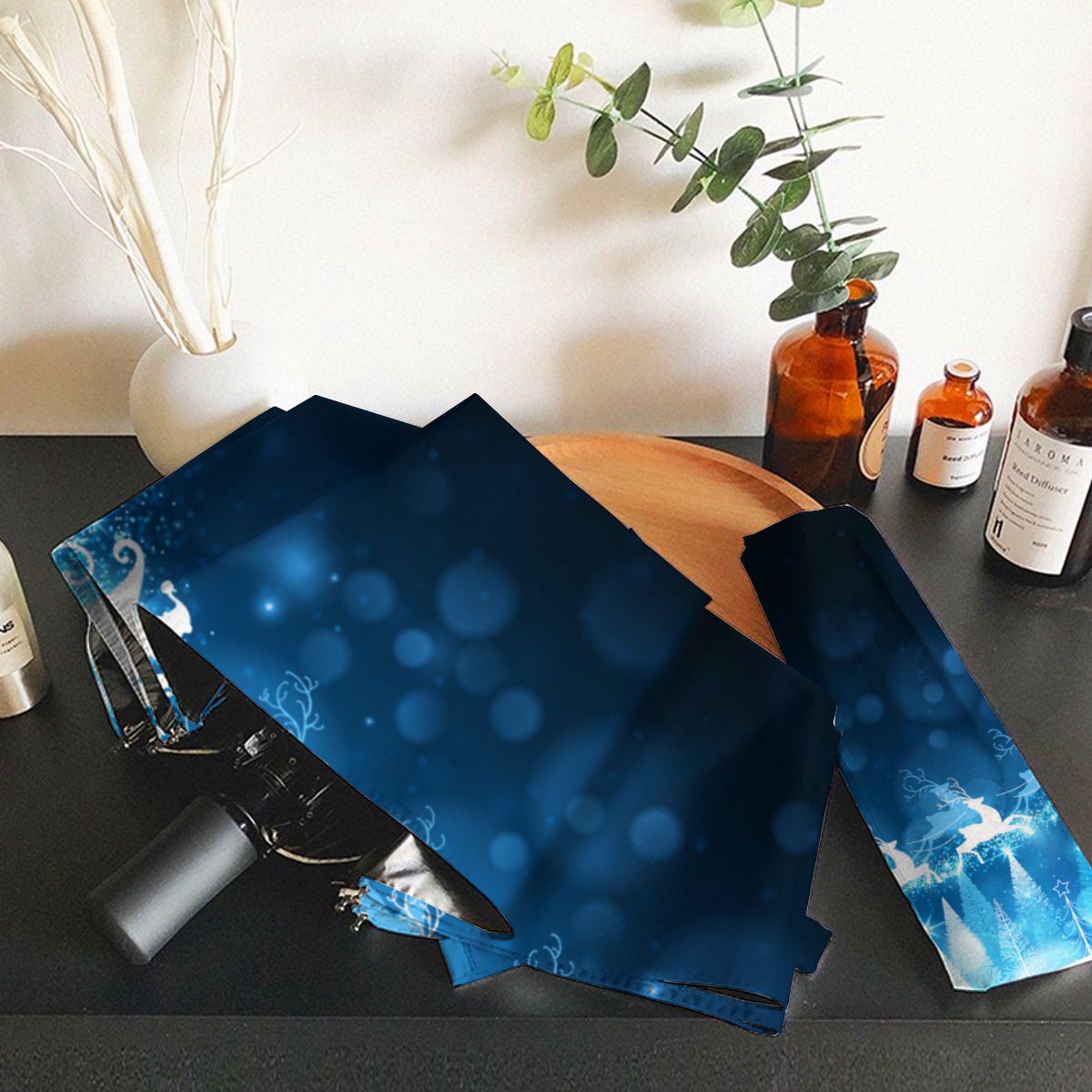 Christmas Holiday Blue Santa And Sleigh Brushed Polyester Umbrella No.N29K2O