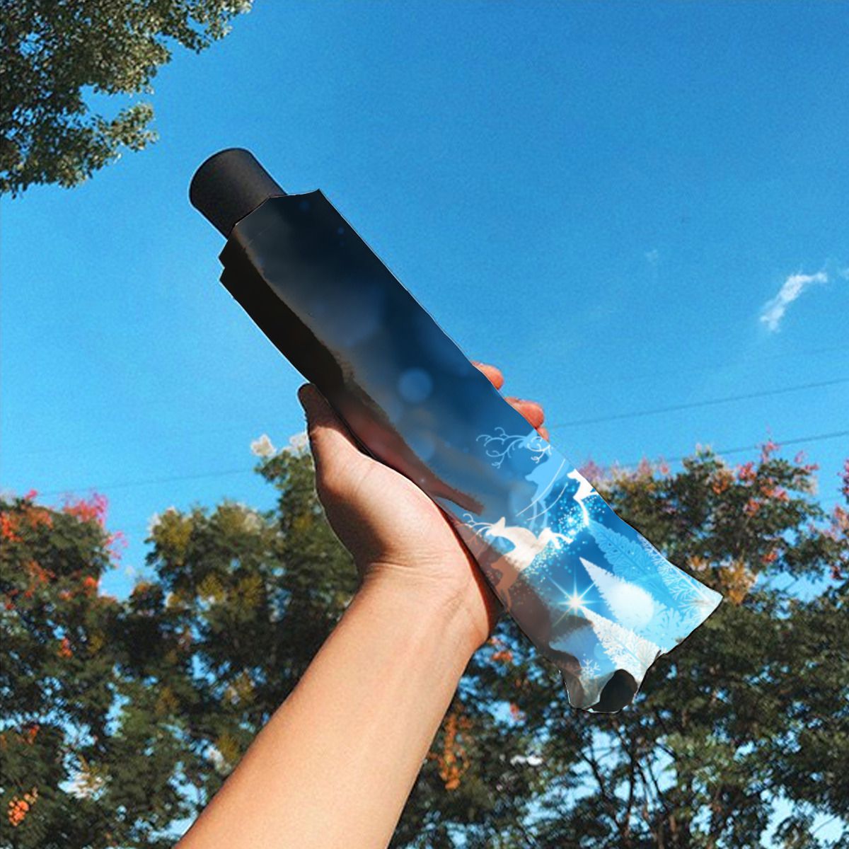 Christmas Holiday Blue Santa And Sleigh Brushed Polyester Umbrella No.N29K2O