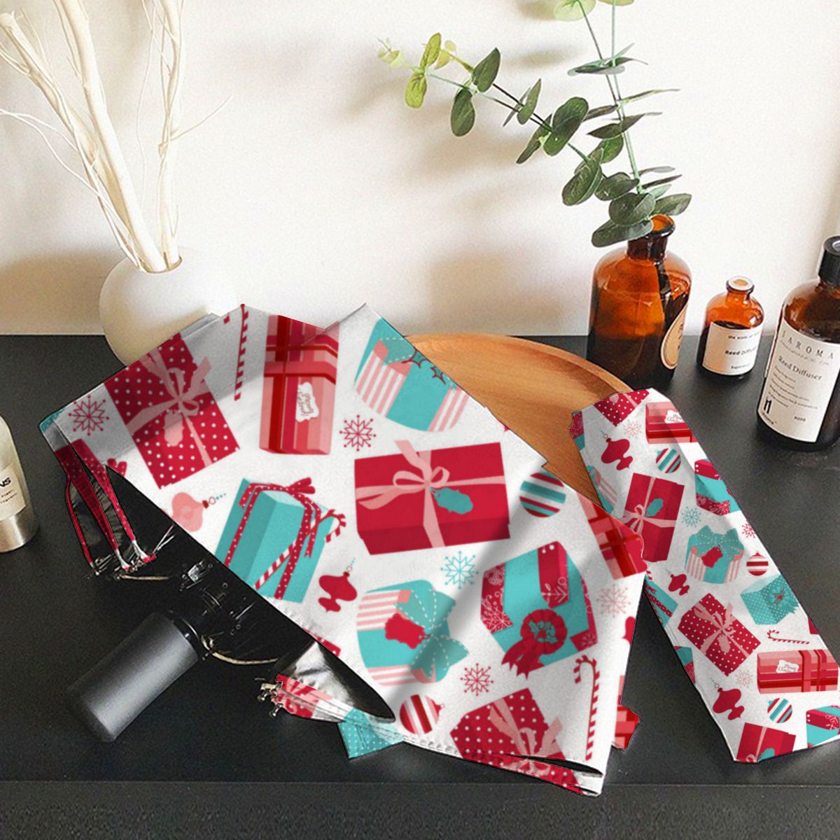 Red & Blue Retro Christmas Packages Brushed Polyester Umbrella No.O3KX78