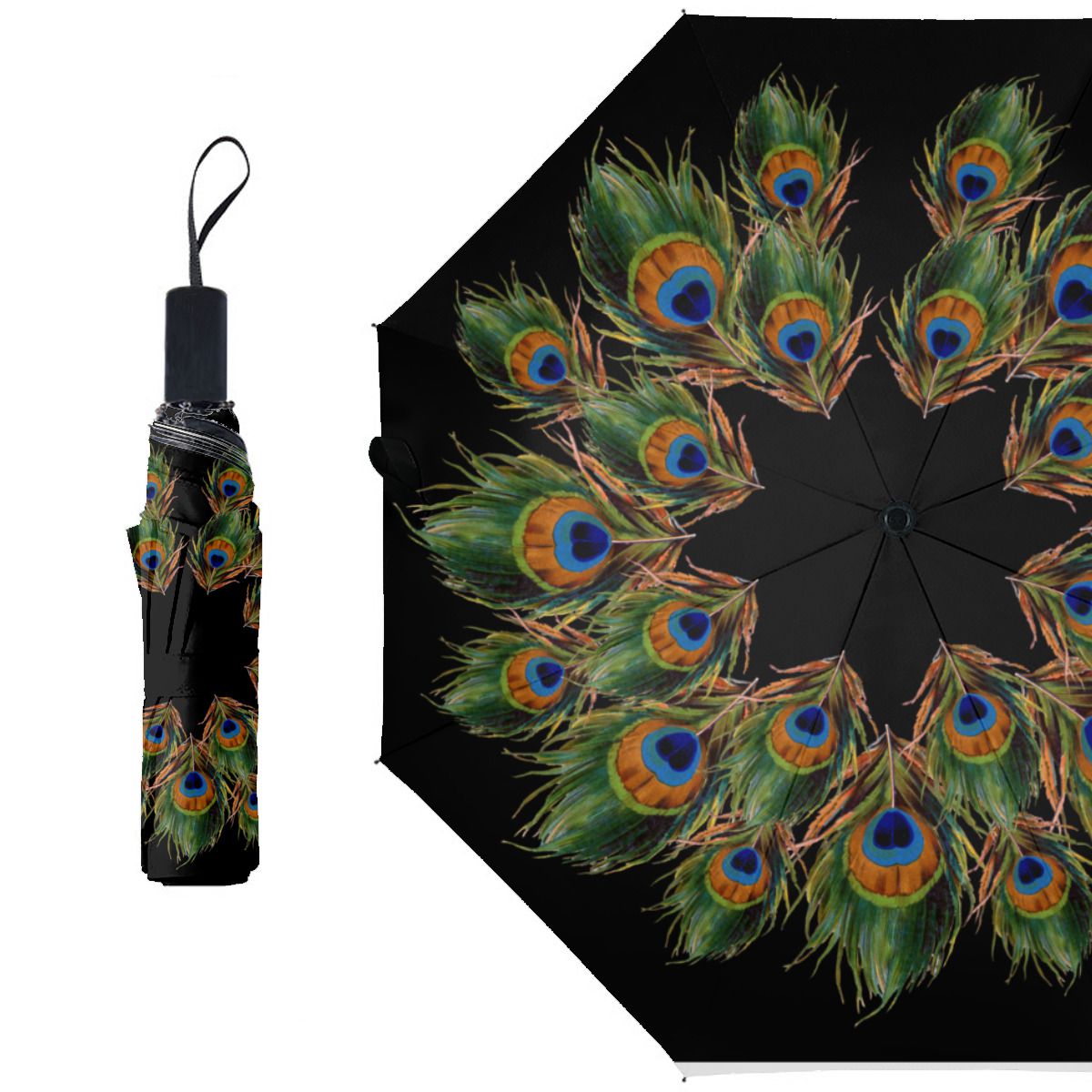 Peacock Feather Black Brushed Polyester Umbrella No.ODSHD5