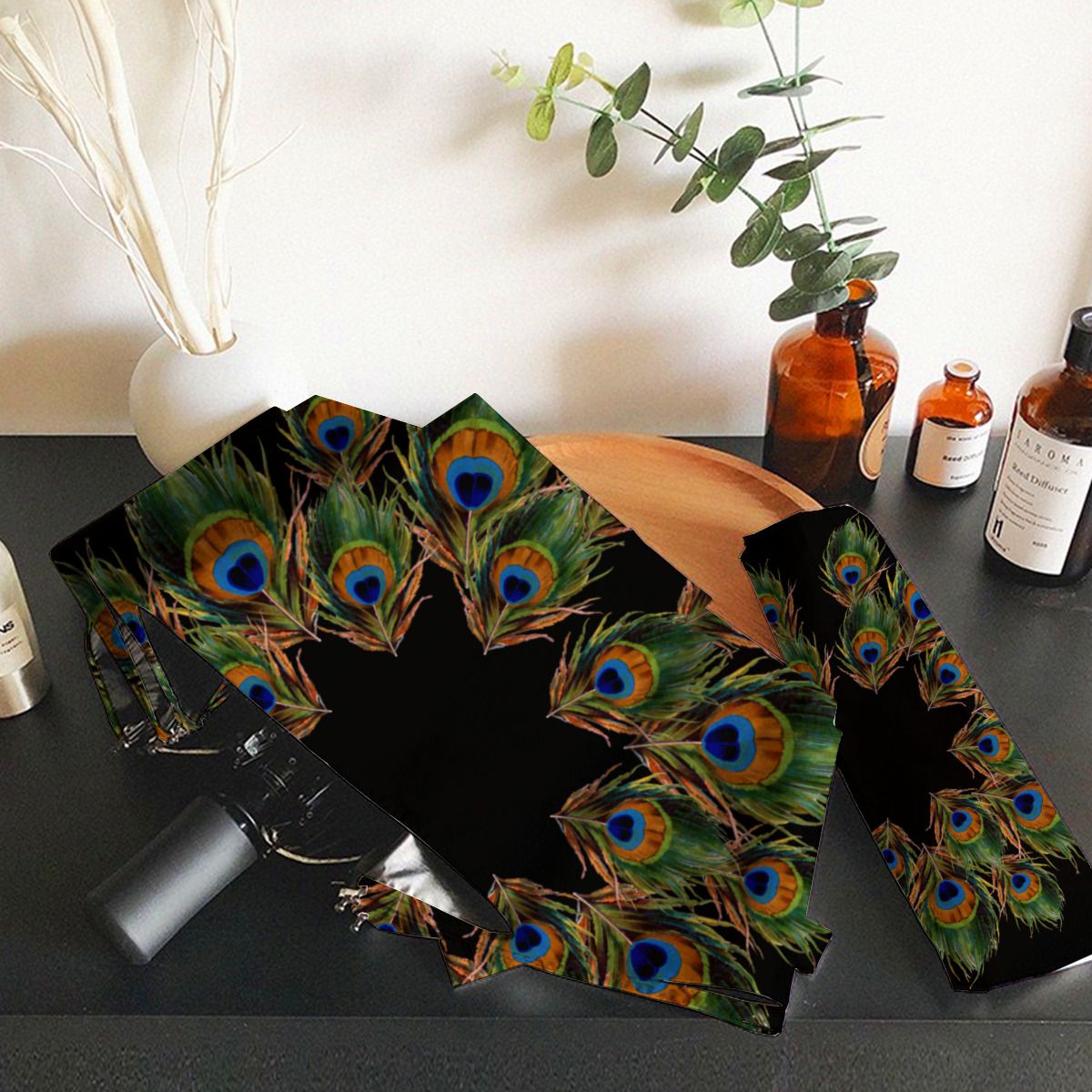 Peacock Feather Black Brushed Polyester Umbrella No.ODSHD5