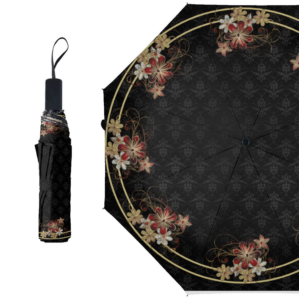Gold And Red Floral Brushed Polyester Umbrella No.PA96KX