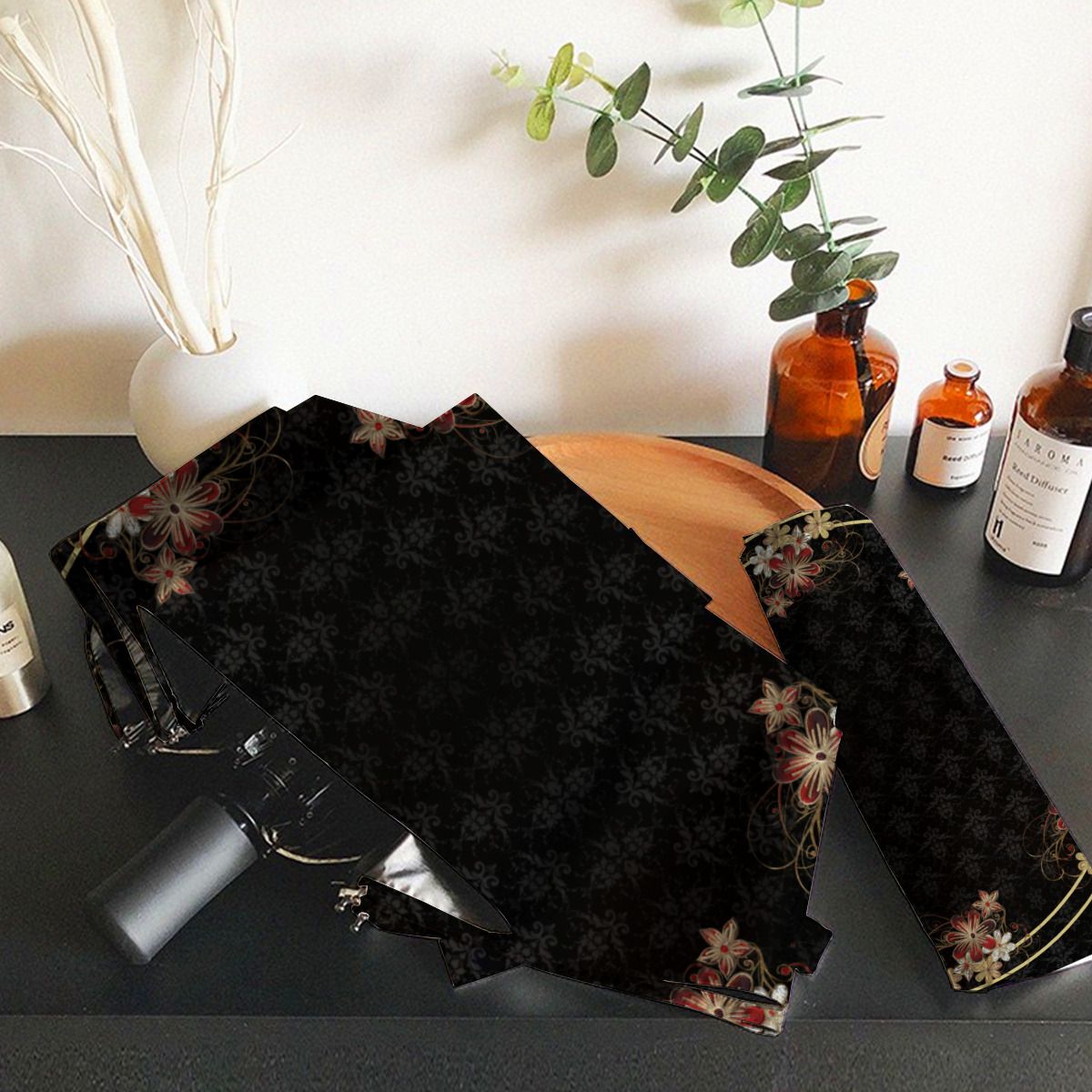 Gold And Red Floral Brushed Polyester Umbrella No.PA96KX