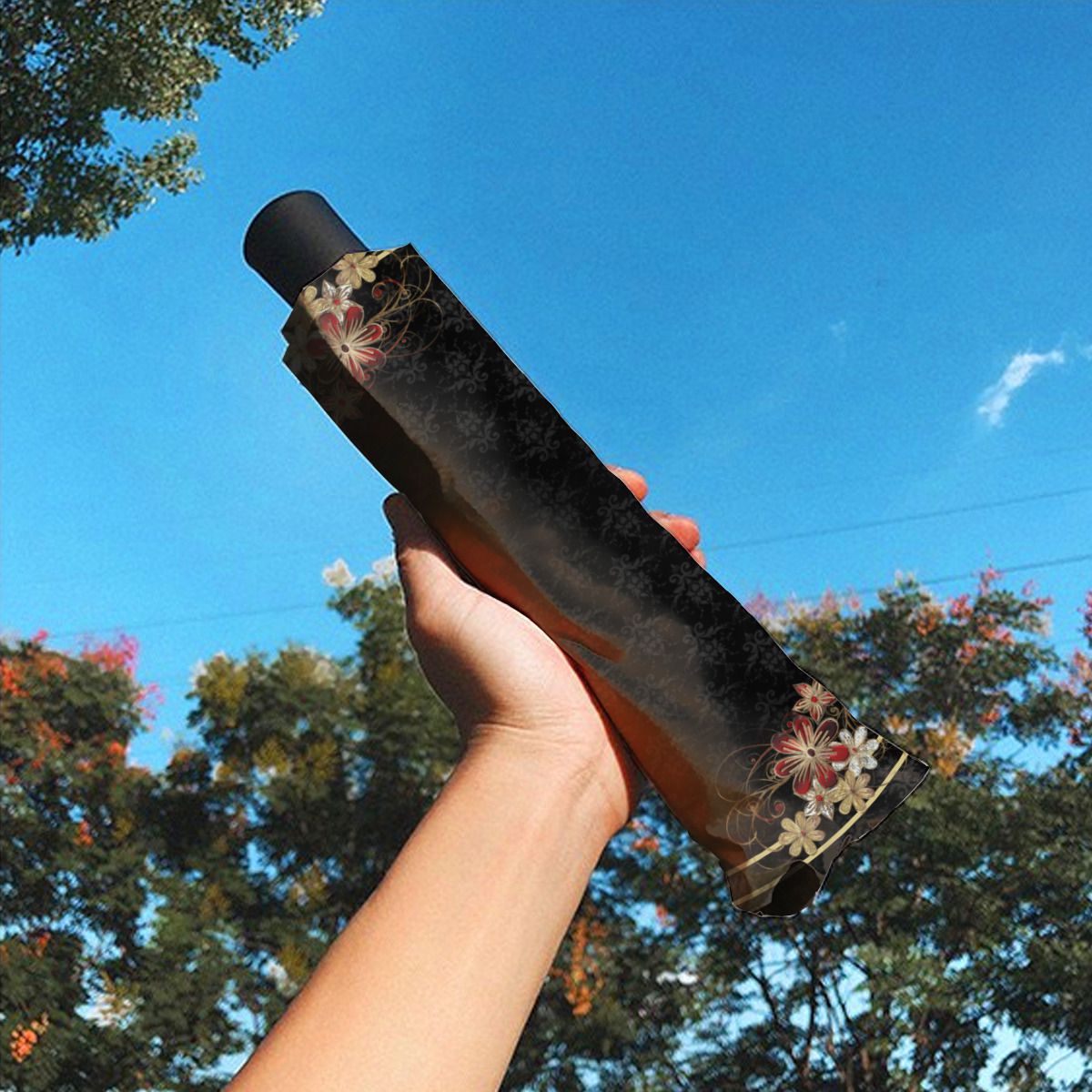 Gold And Red Floral Brushed Polyester Umbrella No.PA96KX