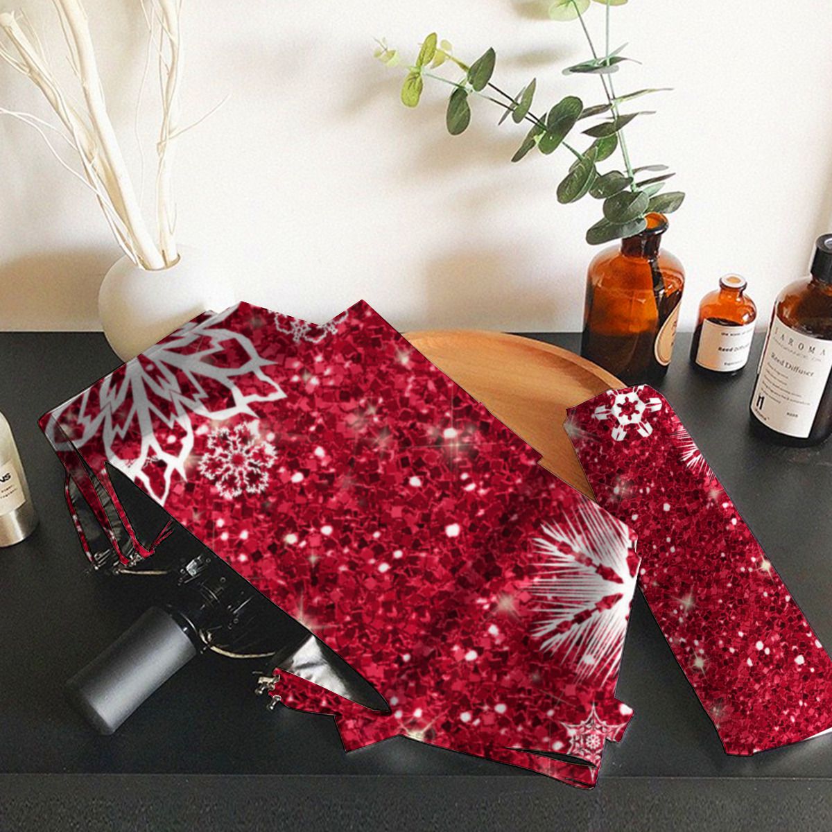 Snowflakes On Glitter Red Id454 Brushed Polyester Umbrella No.PM74G3