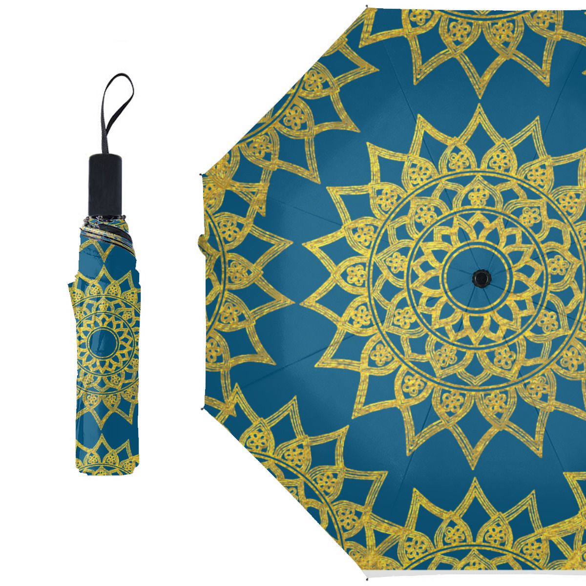 Elegant Blue Fine Gold Floral Mandala Christmas Brushed Polyester Umbrella No.QDFXRT