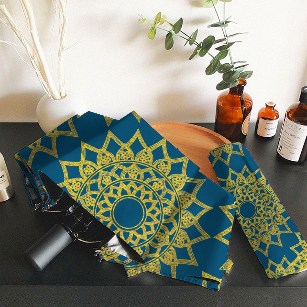 Elegant Blue Fine Gold Floral Mandala Christmas Brushed Polyester Umbrella No.QDFXRT