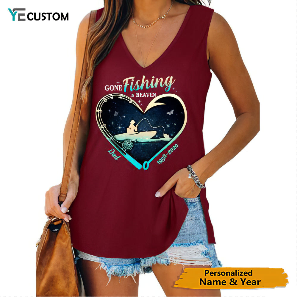 Memorial Gone Fishing In Heaven Personalized Women Tank Top V Neck Casual Flowy Sleeveless