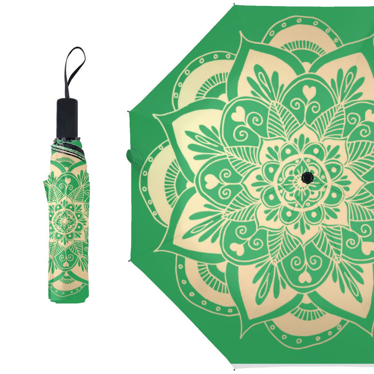 Elegant Green And Gold Mandala Boho Christmas Brushed Polyester Umbrella No.RL2ZBQ