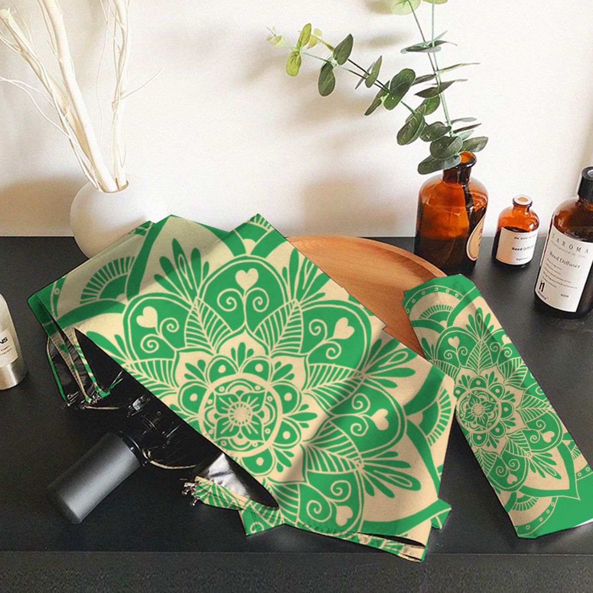 Elegant Green And Gold Mandala Boho Christmas Brushed Polyester Umbrella No.RL2ZBQ