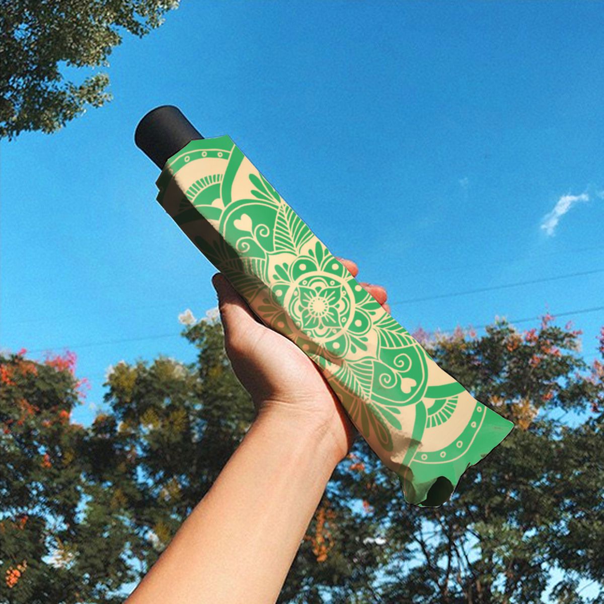 Elegant Green And Gold Mandala Boho Christmas Brushed Polyester Umbrella No.RL2ZBQ