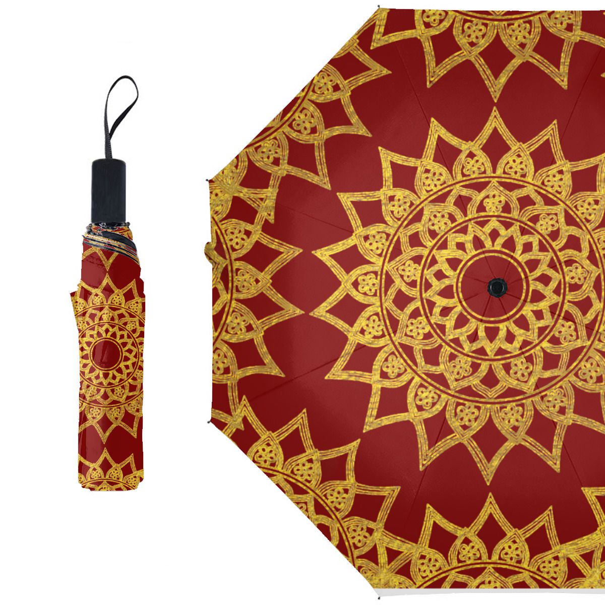 Elegant Red Fine Gold Floral Mandala Christmas Brushed Polyester Umbrella No.S93S9G