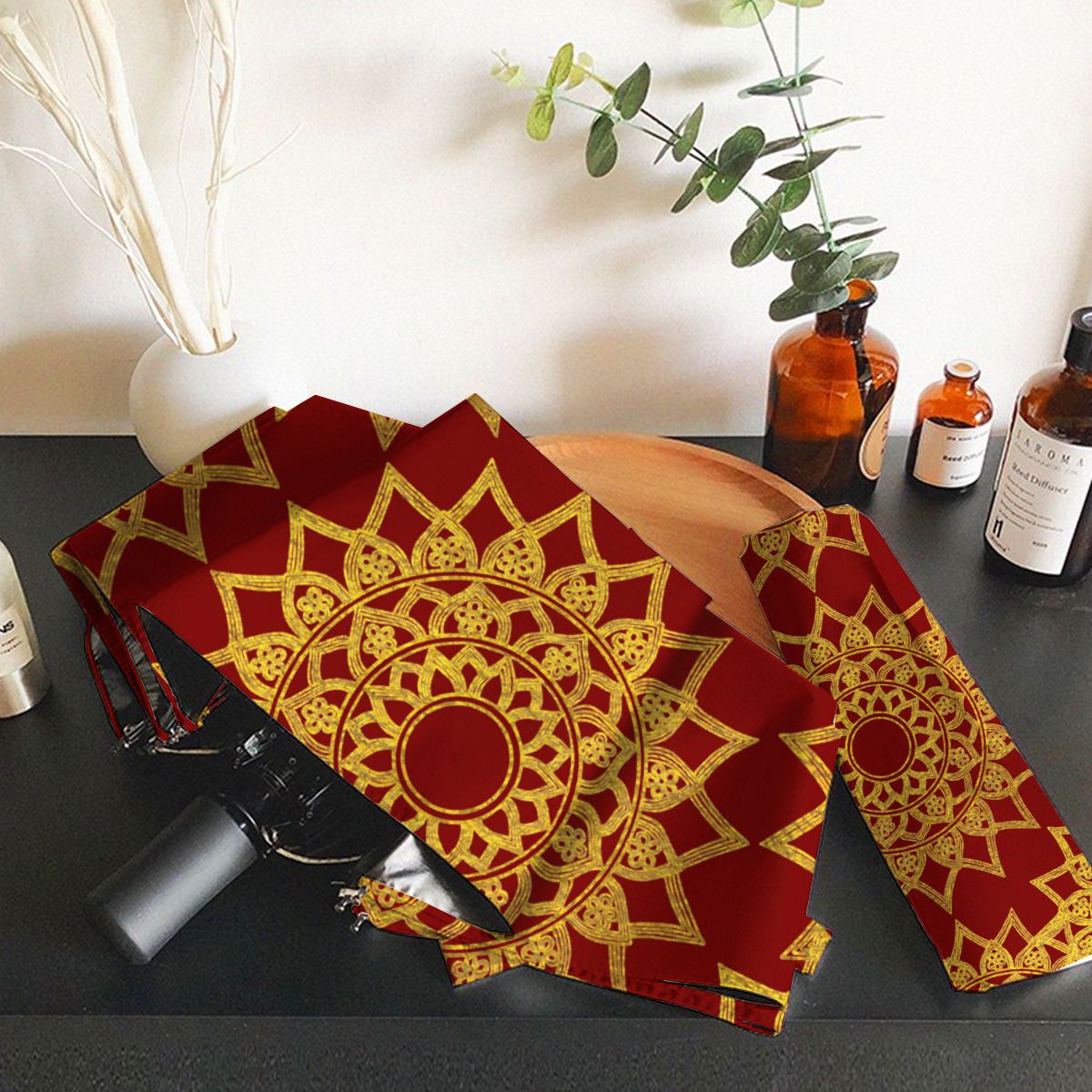 Elegant Red Fine Gold Floral Mandala Christmas Brushed Polyester Umbrella No.S93S9G