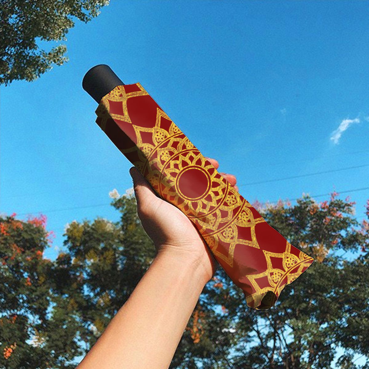 Elegant Red Fine Gold Floral Mandala Christmas Brushed Polyester Umbrella No.S93S9G