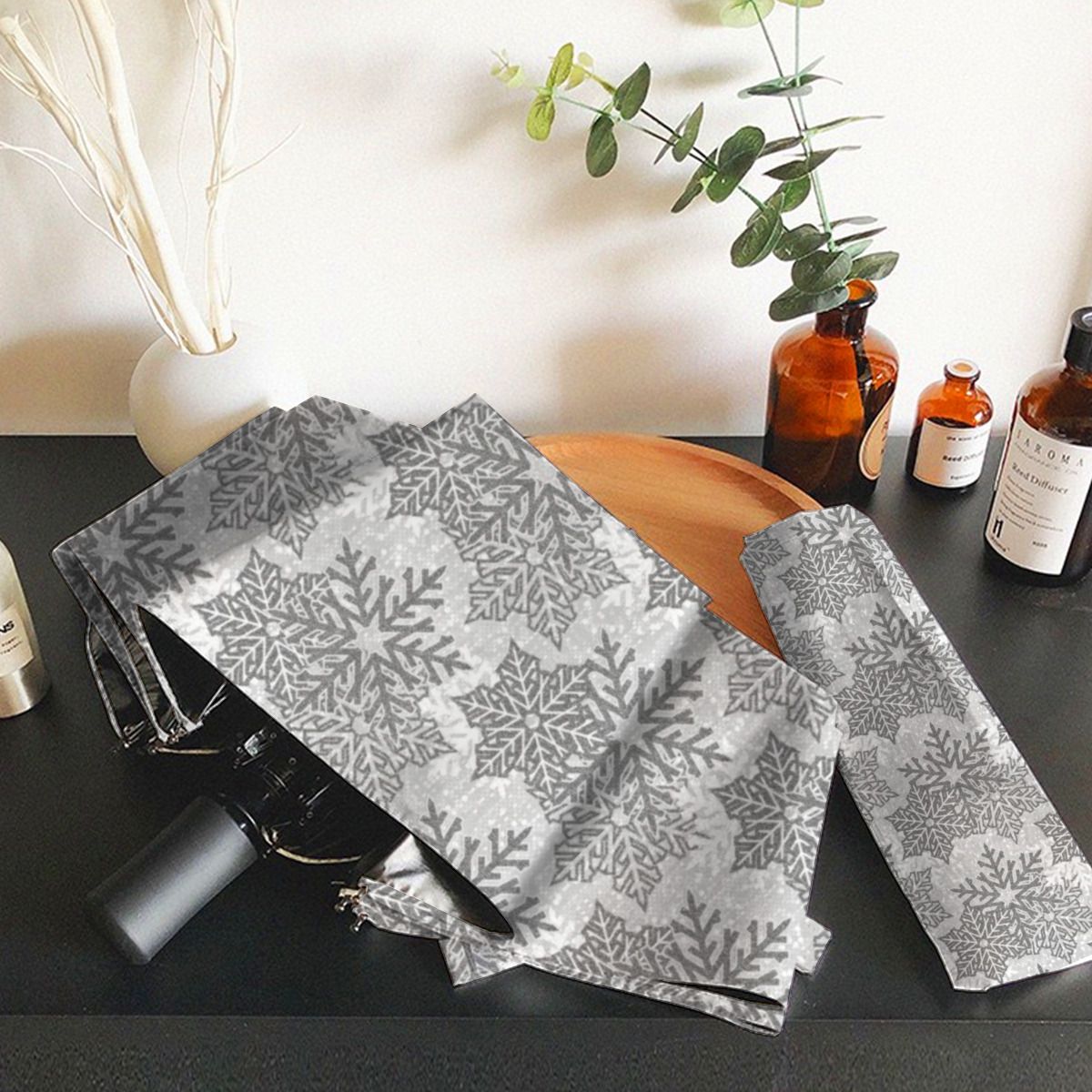 Silver Glitter Snowflakes Brushed Polyester Umbrella No.T7YLD5