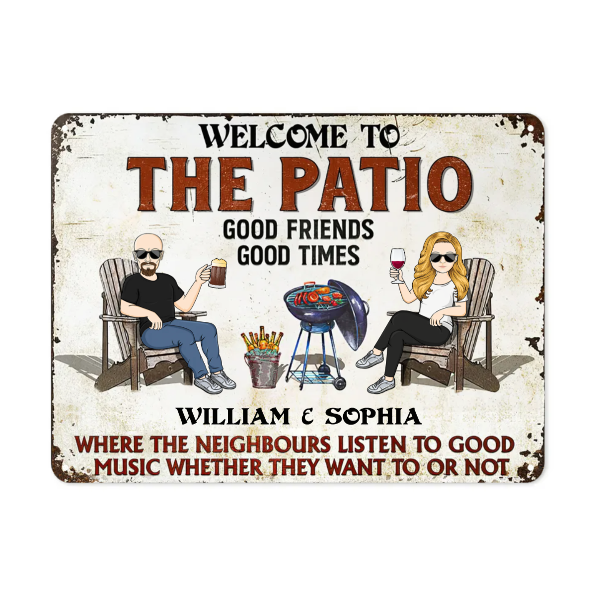 Patio Grilling Listen To The Good Music Couple Husband Wife - Backyard Sign - Personalized Custom Classic Metal Signs