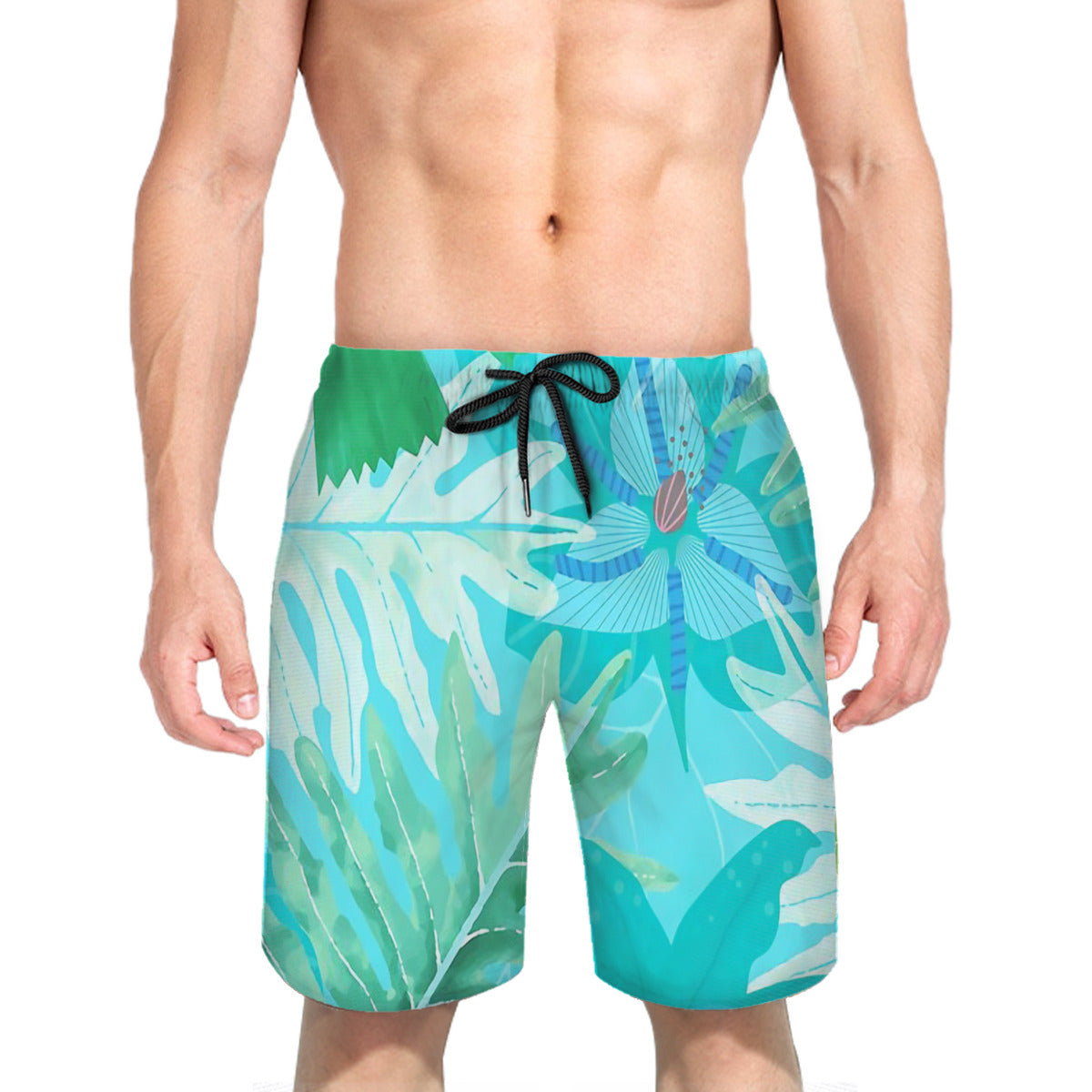 Abstract Teal Aloha Tropical Foliage Pattern Graphic Men's Swim Trunks No.UPXFZY