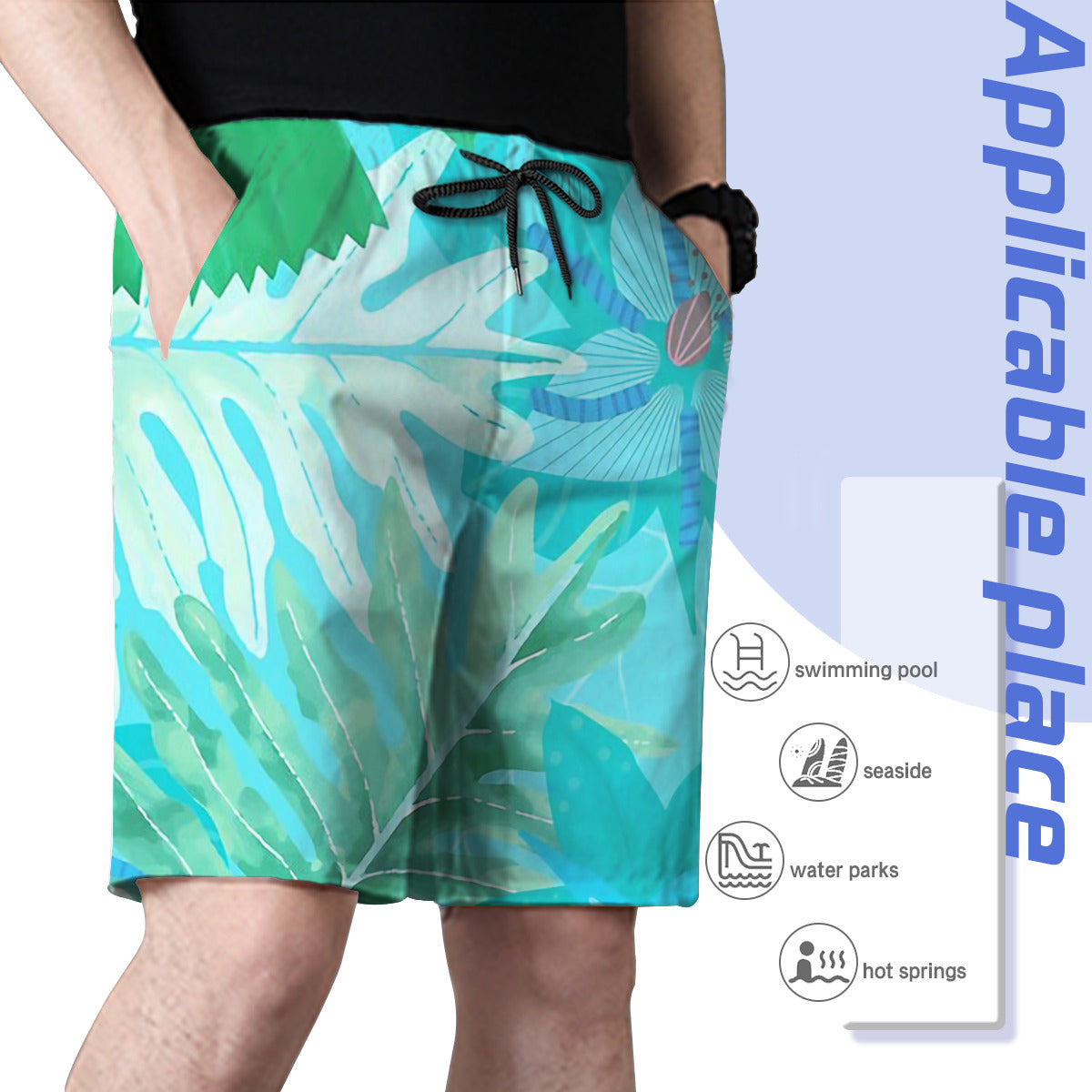 Abstract Teal Aloha Tropical Foliage Pattern Graphic Men's Swim Trunks No.UPXFZY
