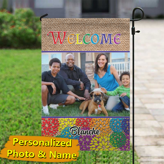 Welcome Rainbow – Personalized Photo & Name – Custom Garden Flag
