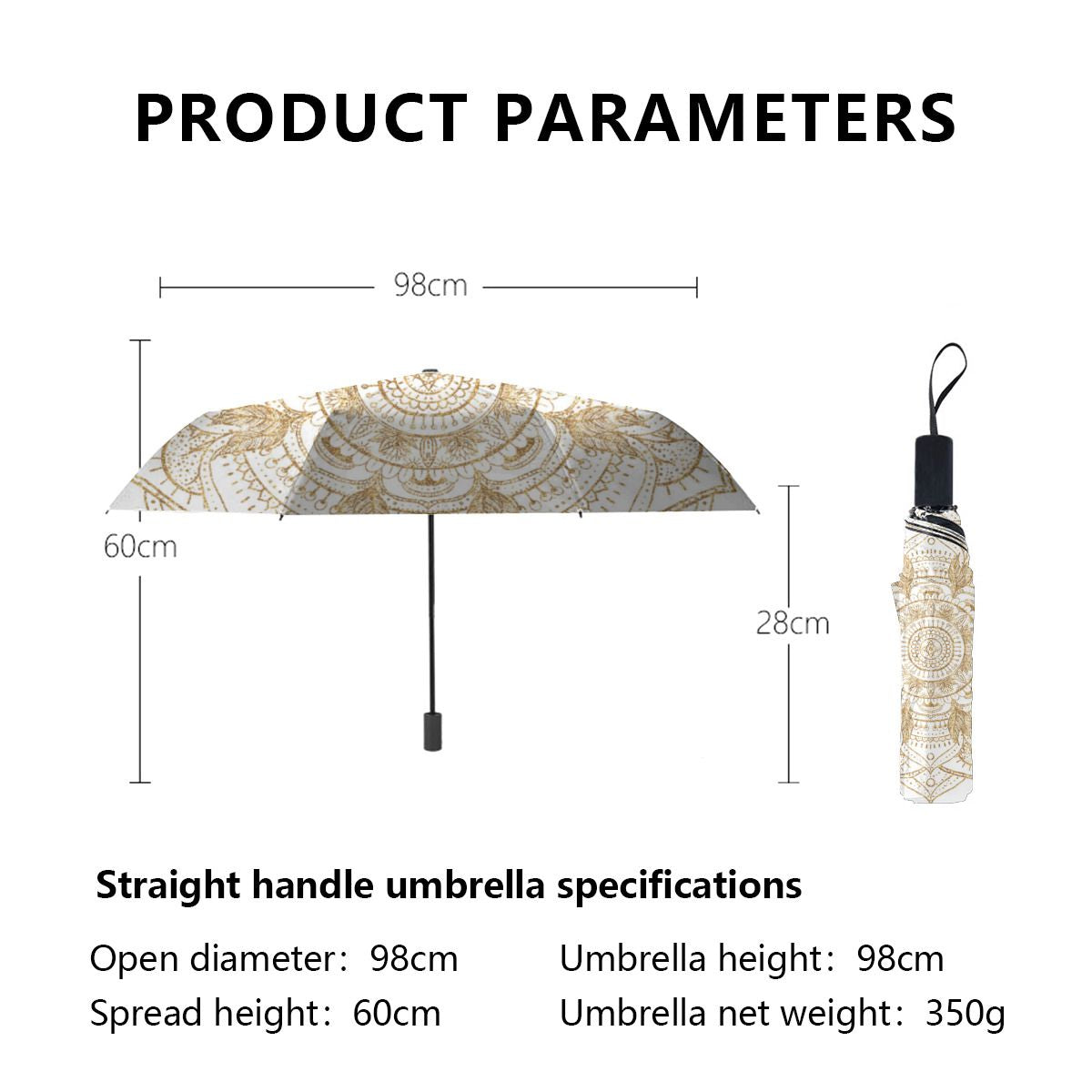 Elegant White & Gold Mandala Hand Drawn Design Brushed Polyester Umbrella No.X8VSGW