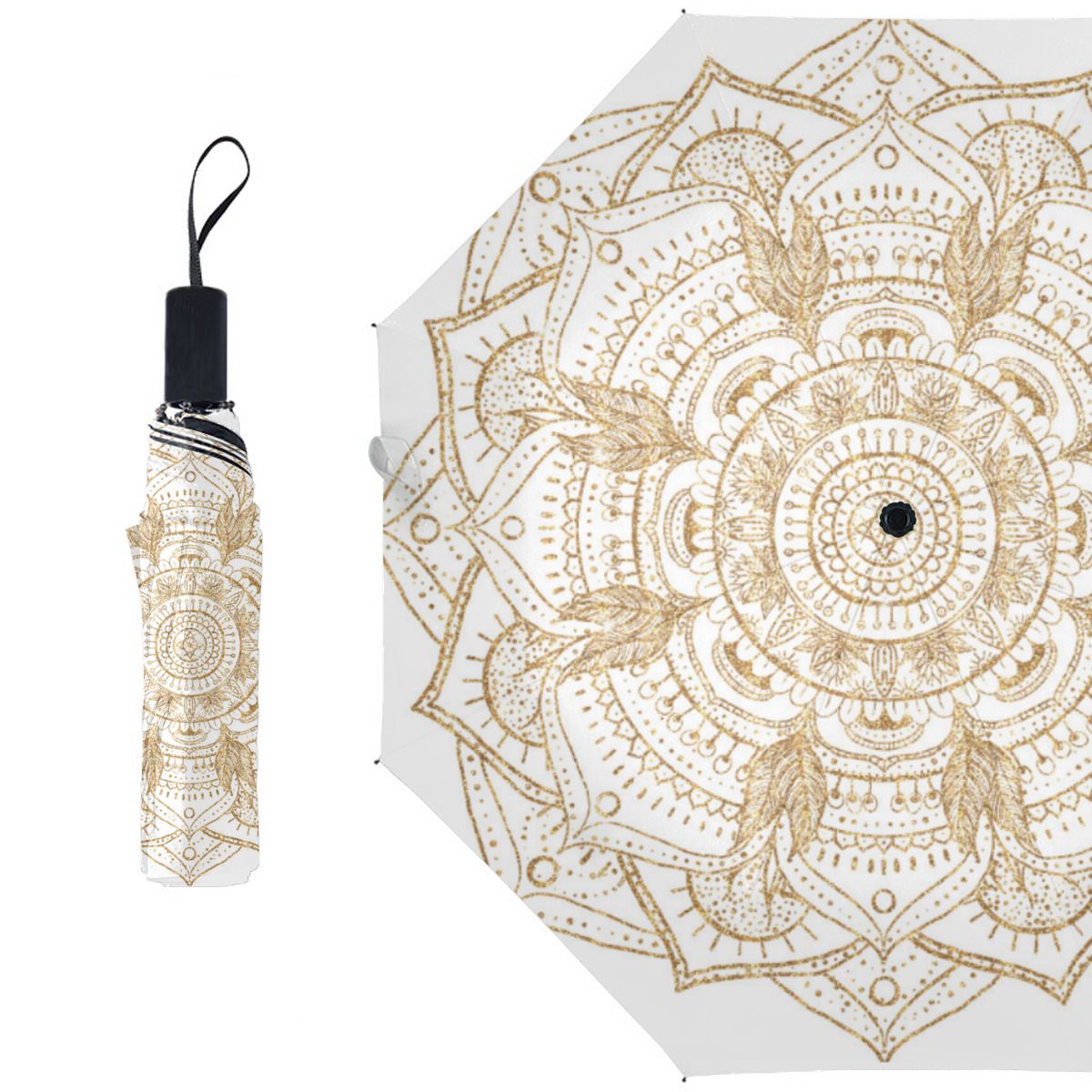Elegant White & Gold Mandala Hand Drawn Design Brushed Polyester Umbrella No.X8VSGW