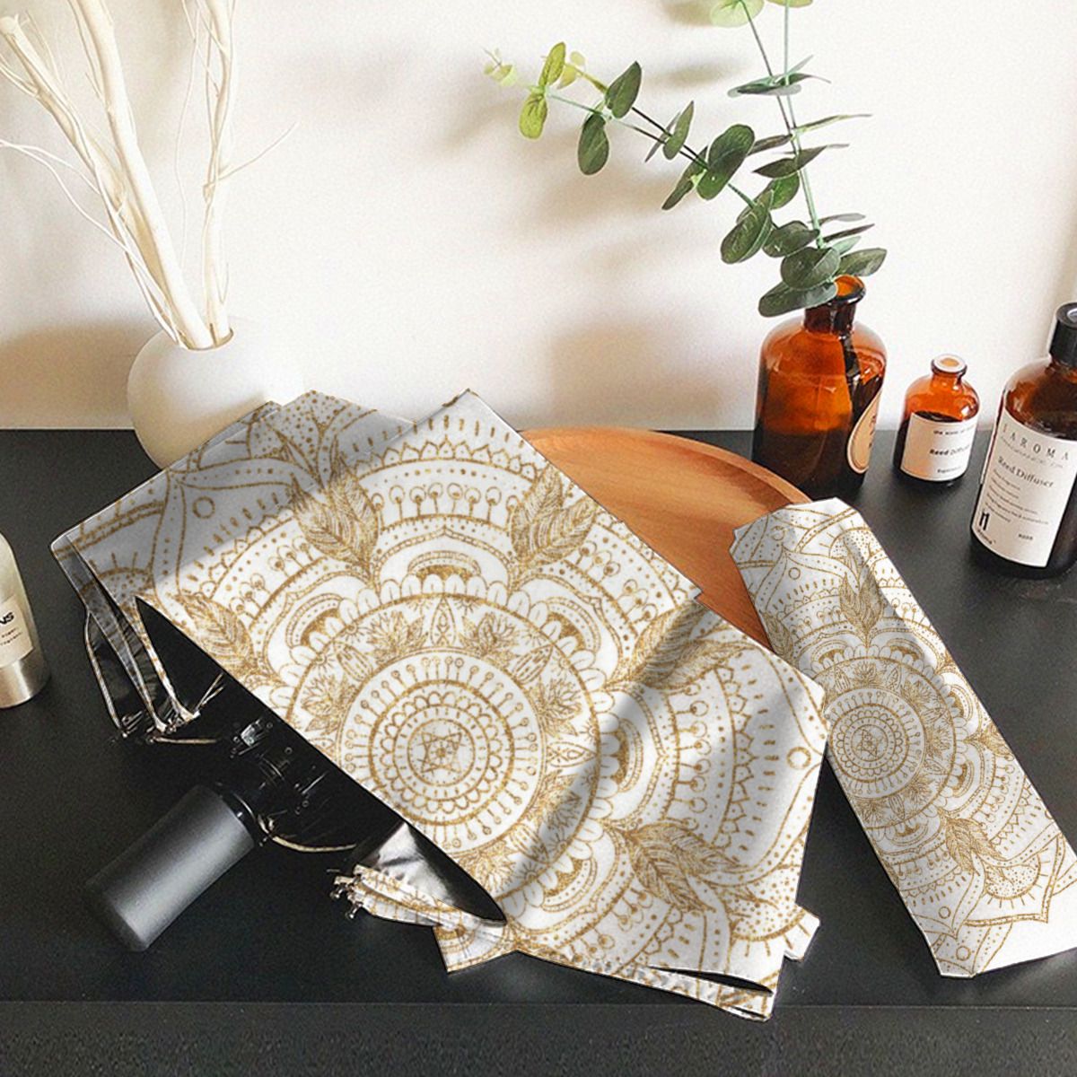 Elegant White & Gold Mandala Hand Drawn Design Brushed Polyester Umbrella No.X8VSGW