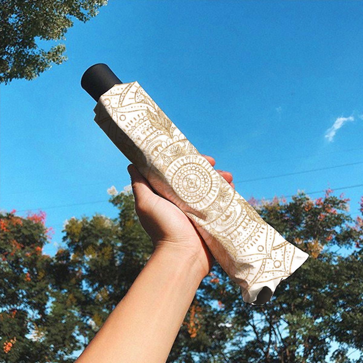 Elegant White & Gold Mandala Hand Drawn Design Brushed Polyester Umbrella No.X8VSGW