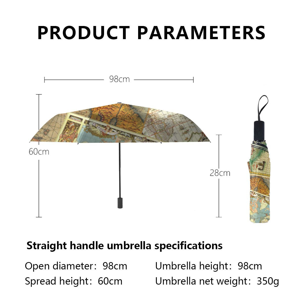Vintage Map Print Brushed Polyester Umbrella No.Y2CGPD
