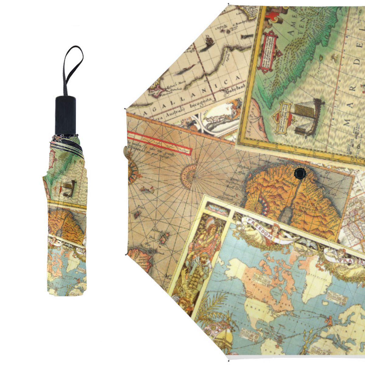 Vintage Map Print Brushed Polyester Umbrella No.Y2CGPD