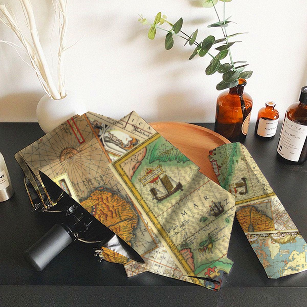 Vintage Map Print Brushed Polyester Umbrella No.Y2CGPD