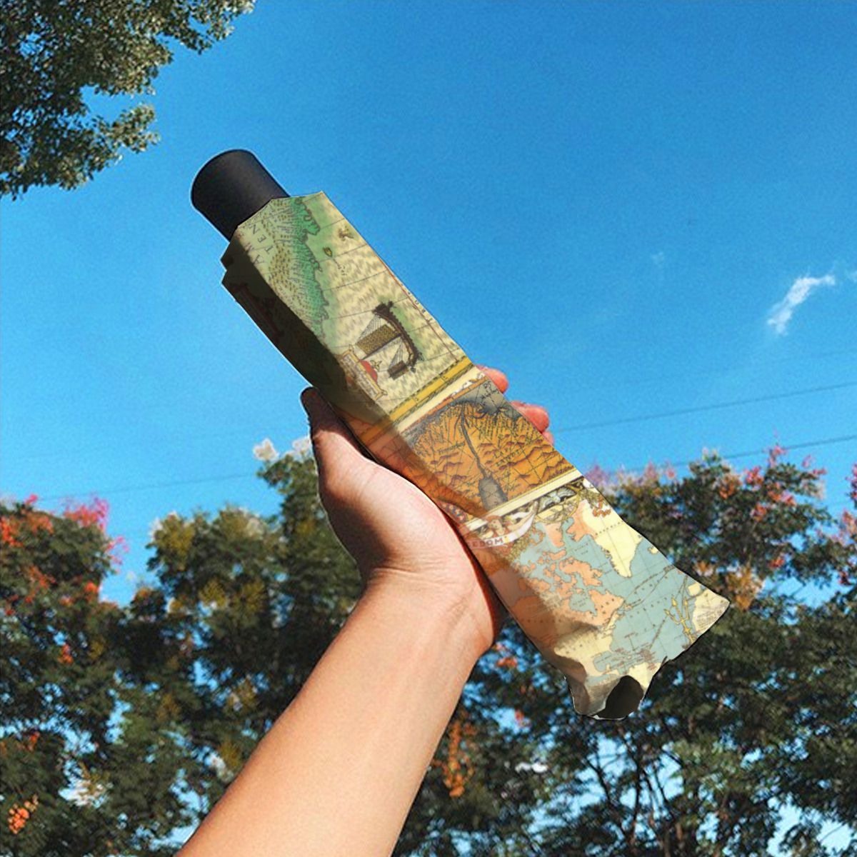 Vintage Map Print Brushed Polyester Umbrella No.Y2CGPD