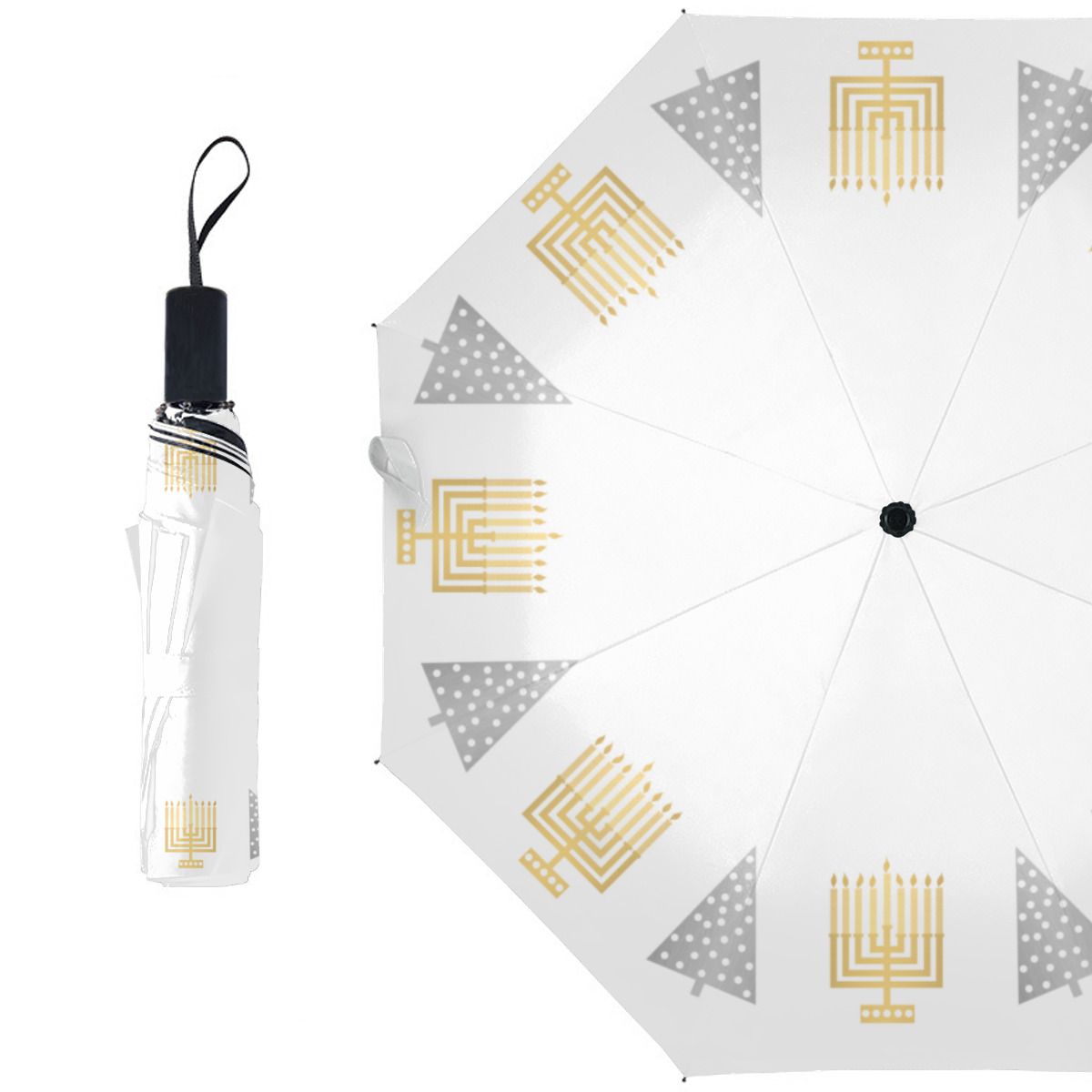 Chrismukkah Gold Menorahs Silver Trees Holiday Brushed Polyester Umbrella No.ZHK9L8