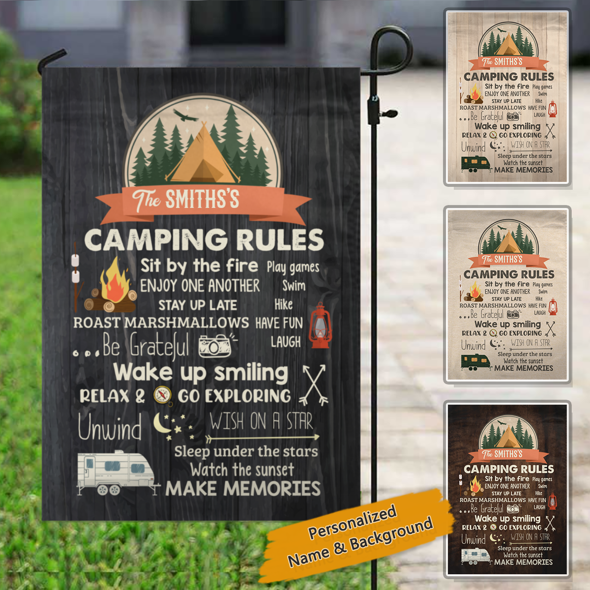 Camping Rules Personalized Name Garden Flag