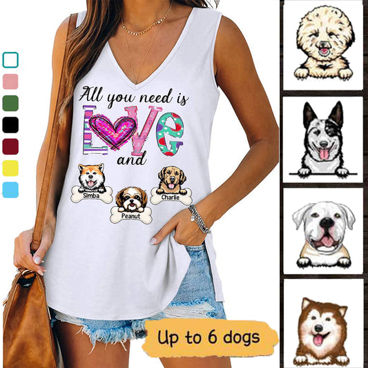 Love Pattern And Peeking Dogs Personalized Women Tank Top V Neck Sleeveless