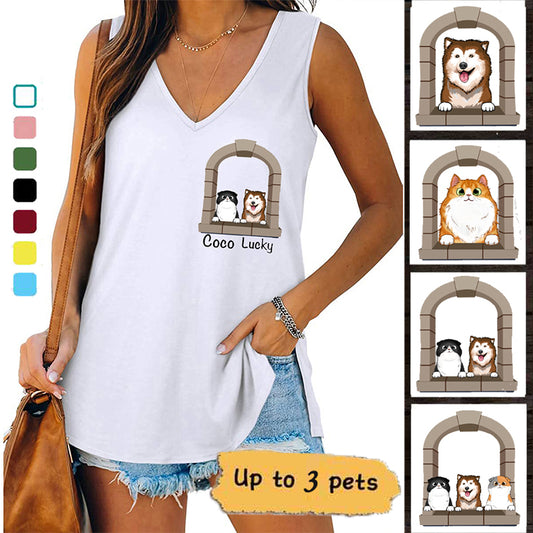 Dog Cat Window Personalized Women Tank Top V Neck Casual Flowy Sleeveless