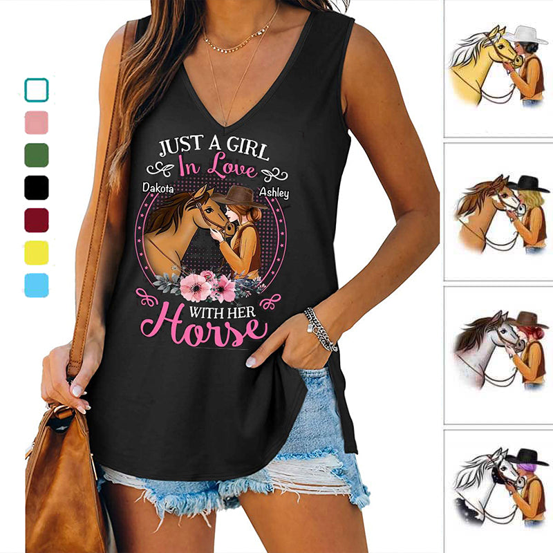 Girl In Love With Her Horse Floral Personalized Women Tank Top V Neck Casual Flowy Sleeveless